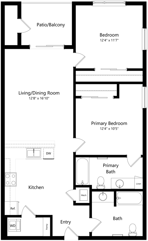 Floor plan for 2 beds, 2 baths, 1025 sqft
